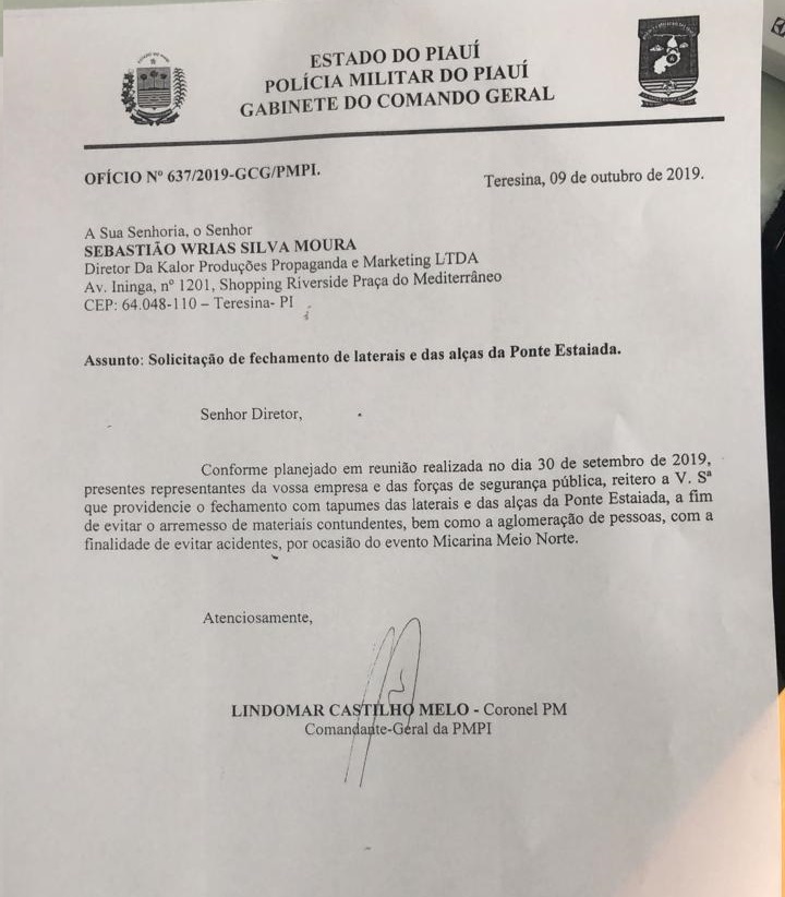 Ofício enviado pela PMPI à Kalor Produções