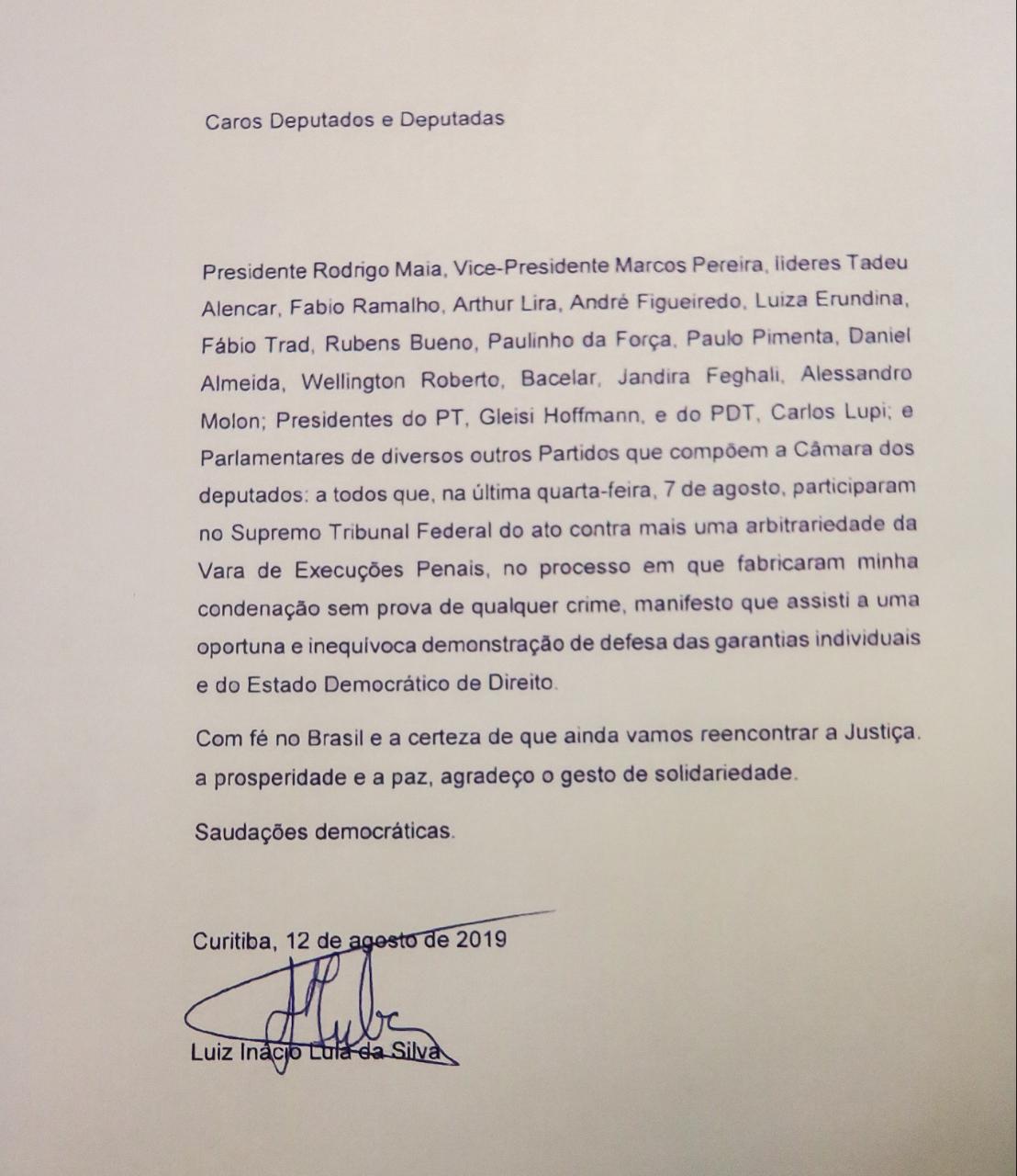 CARTA AOS DEPUTADOS FEDERAIS