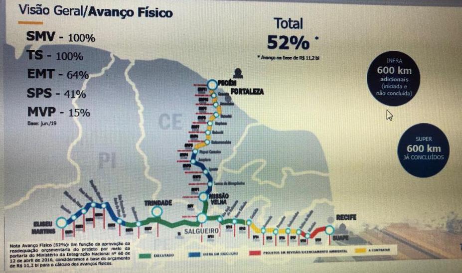 Mapa demonstrativo e situacional da obra da Transnordestina em que beneficia o Piauí