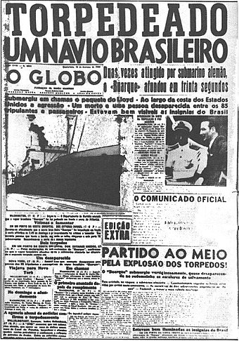 Manchete sobre o torpedeamento de navio brasileiro por submarinos nazistas