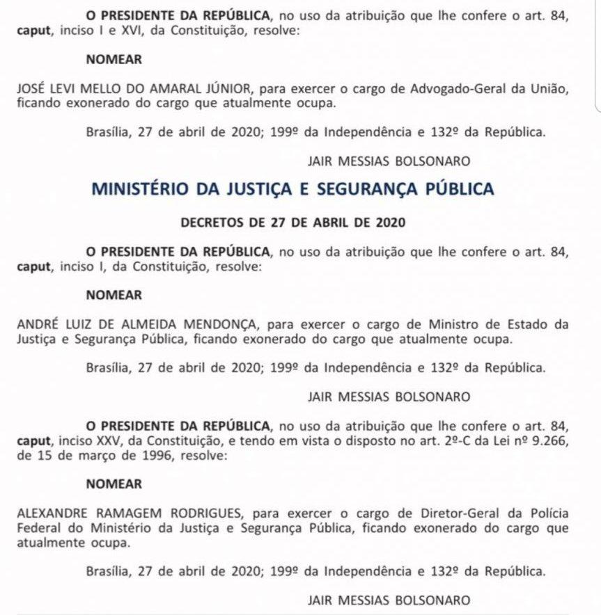 Bolsonaro nomeia minsitro da Justiça e diretor geral da Polícia Federal no mesmo DOU