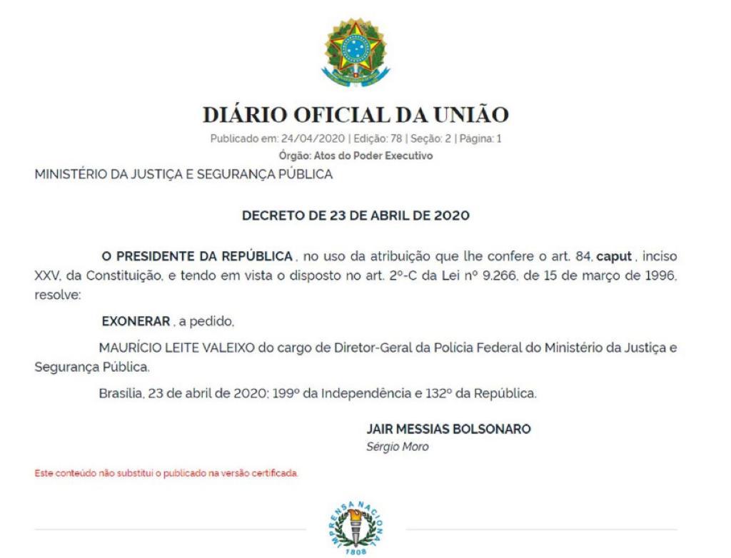 Diário Oficial da União publicado foi retirado do Sistema da Imprensa Oficial
