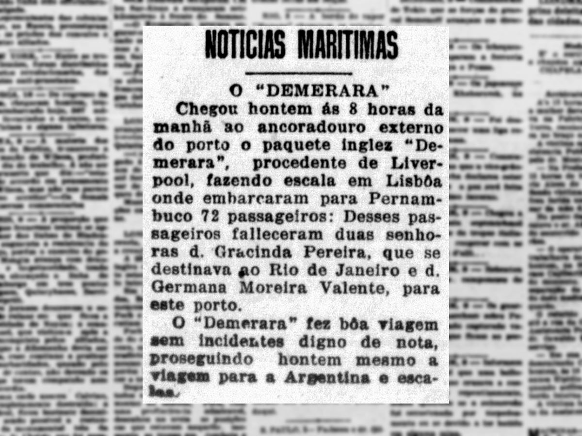 Jornal pernambucano noticia a chegada do navio Demerara, que trouxe a gripe
