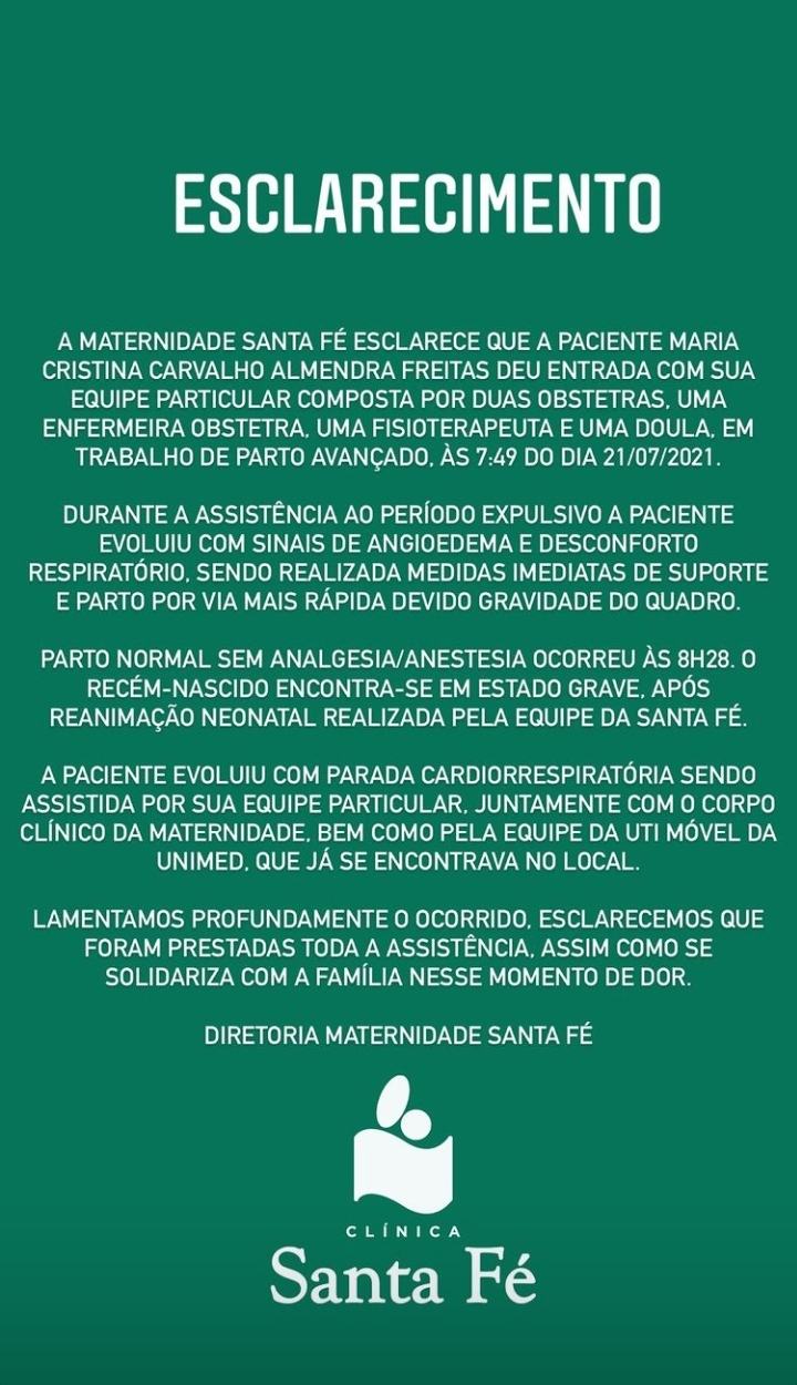 A Maternidade Santa Fé se pronunciou sobre o ocorrido e lamentou a morte da jovem