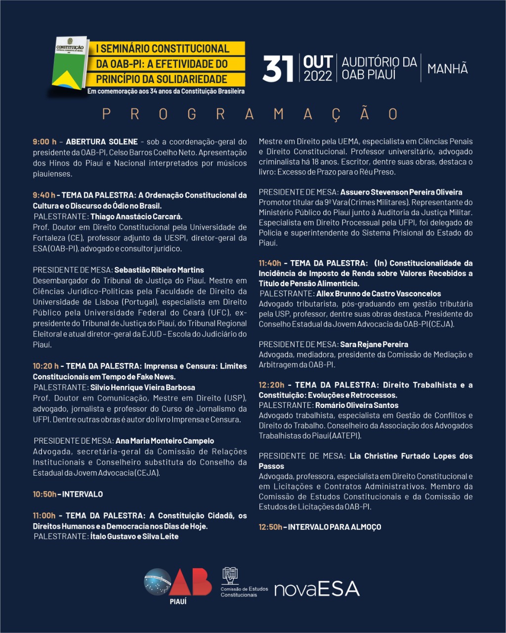 Programação do I Seminário Constitucional no turno da manhã