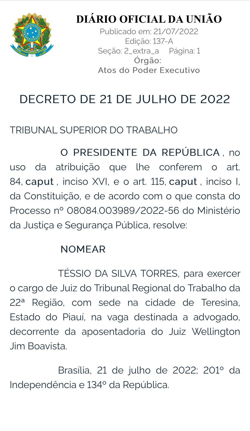 Nomeação publivada no Diário Oficial da União