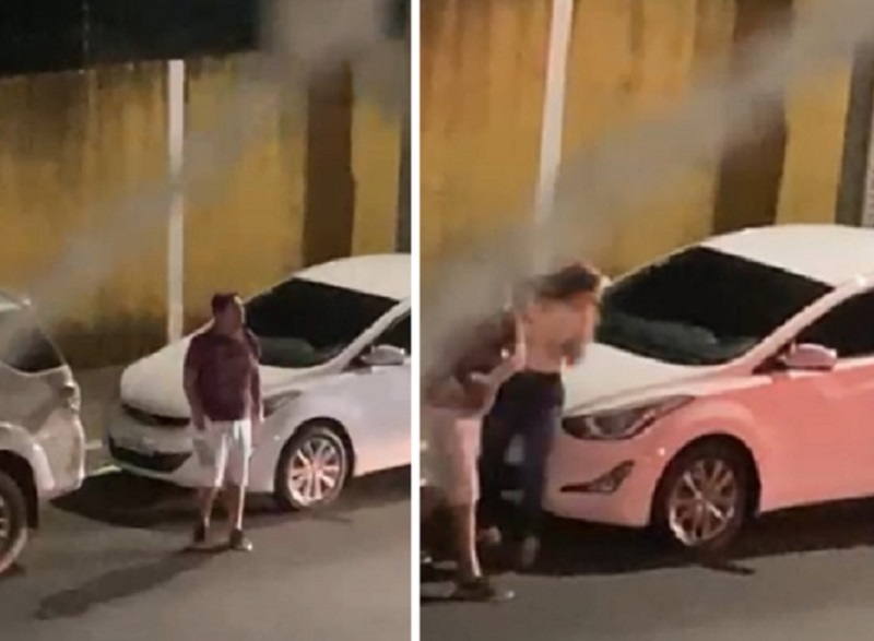 Homem discute e agride mulher no meio da rua