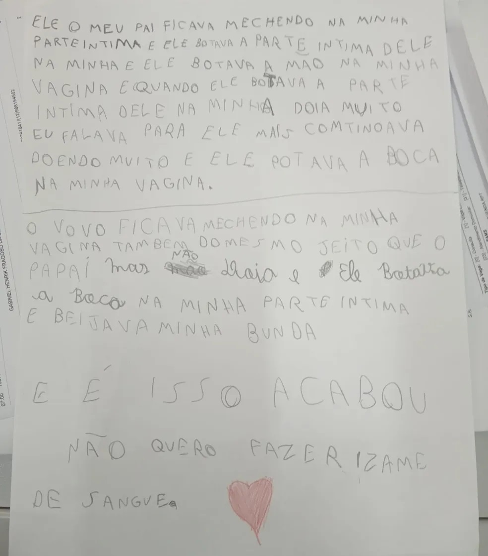 Em carta, criança de 9 anos relata ter sido estuprada pelo pai e pelo avô