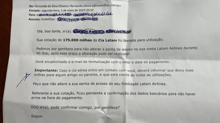 Cliente enviou à CPI email recebido do grupo 123milhas pedindo para mentir a companhias aéreas.