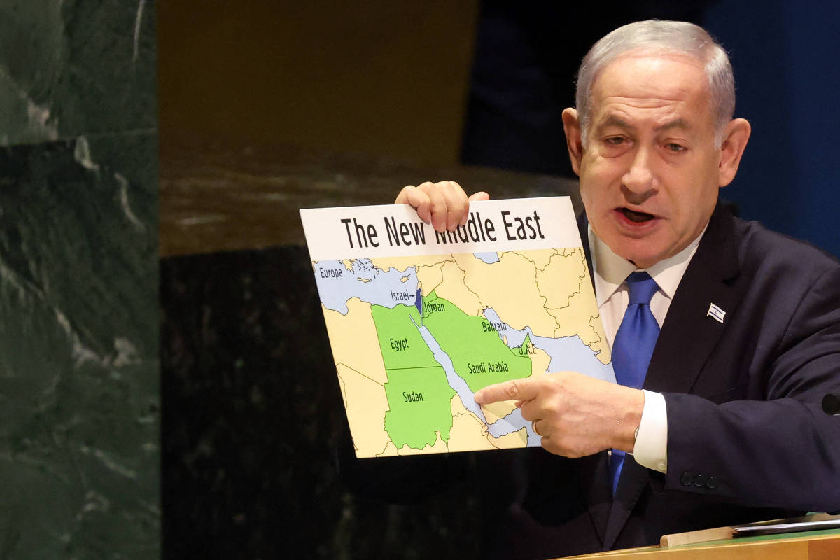 Durante a Assembleia-Geral da ONU, em setembro, Binyamin Netanyahu mostrou um mapa de Israel que incluía a Faixa de Gaza - Spencer Platt.