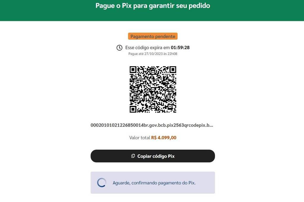 Tela de compra online com Pix. Pessoas podem optar entre código QR ou copiar código dinâmico.