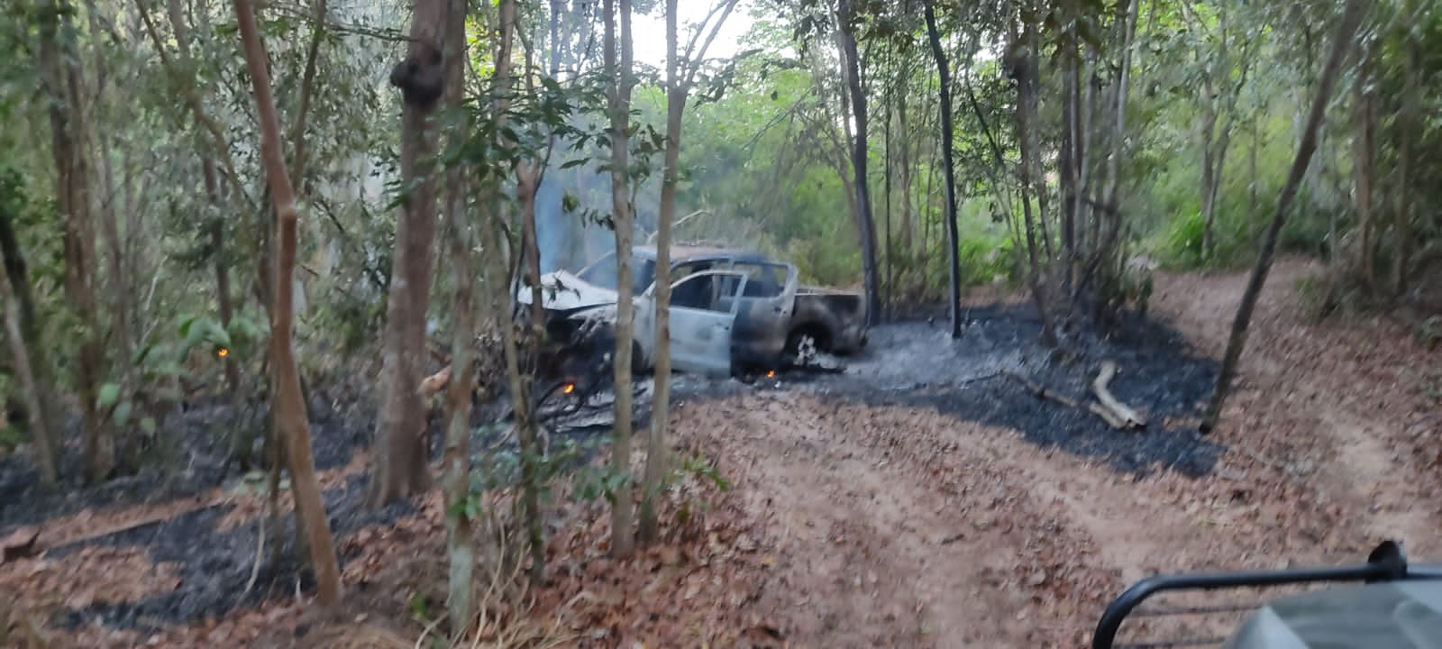 Caminhonete incendiada no local do crime.