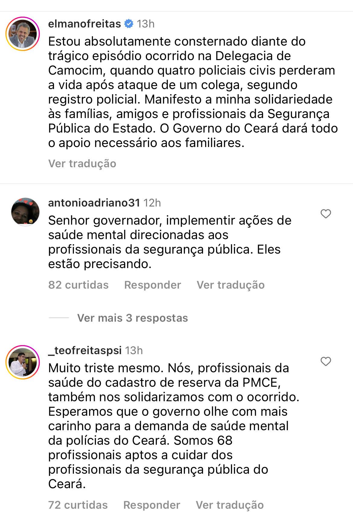 Governador Elmano de Freitas lamenta morte de policiais e seguidores no Instagram cobram investimento em saúde mental dos profissionais da segurança