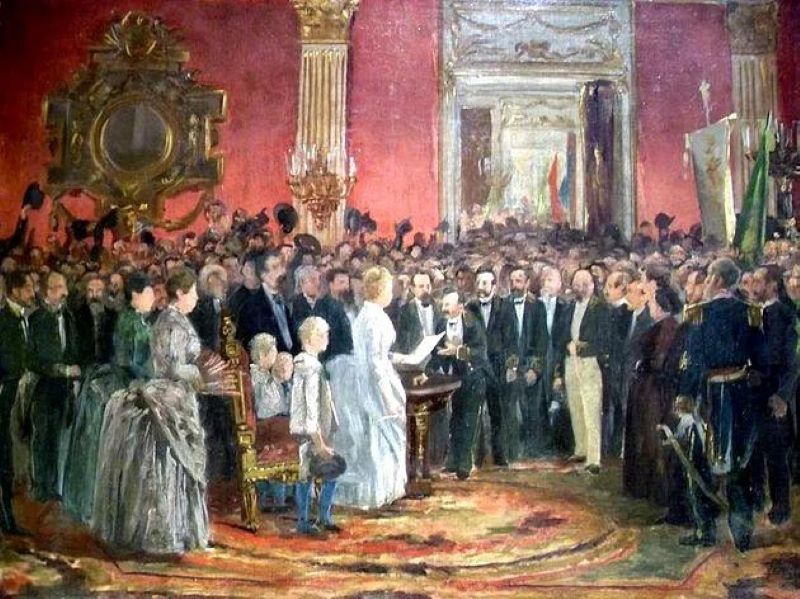 Parlamentares e princesa Isabel no dia da assinatura da abolição da escravidão, 13 de maio de 1888