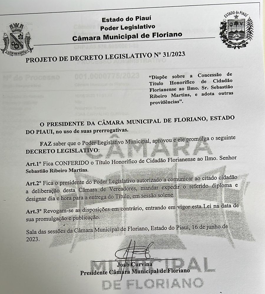 Título de Cidadania concedido pela Câmara de Vereadores de Floriano a Sebastião Ribeiro Martins