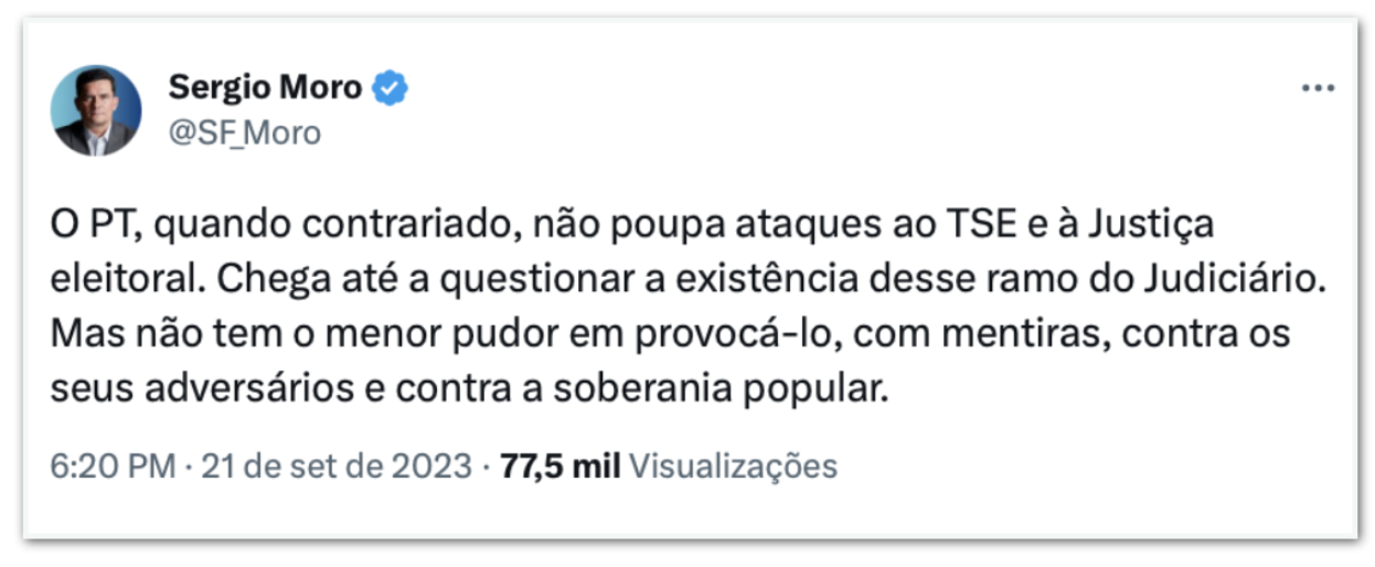 Sérgio Moro ataca presidente do PT, Gleisi Hoffmann.