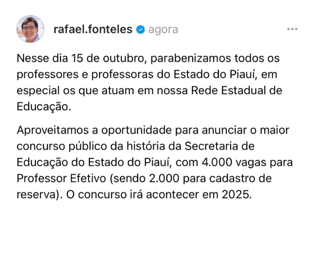 Governador Rafael Fonteles anuncia concurso para professor com 4 mil vagas