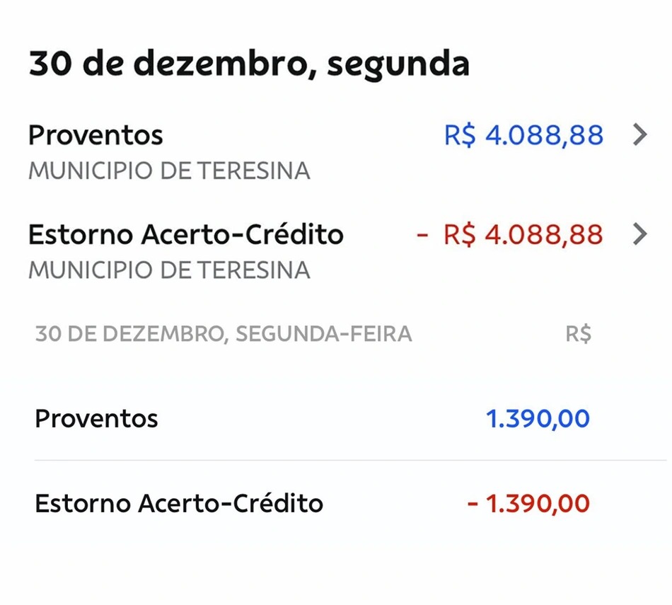 Imagens mostram o pagamento estornado na conta dos servidores da Prefeitura de Teresina