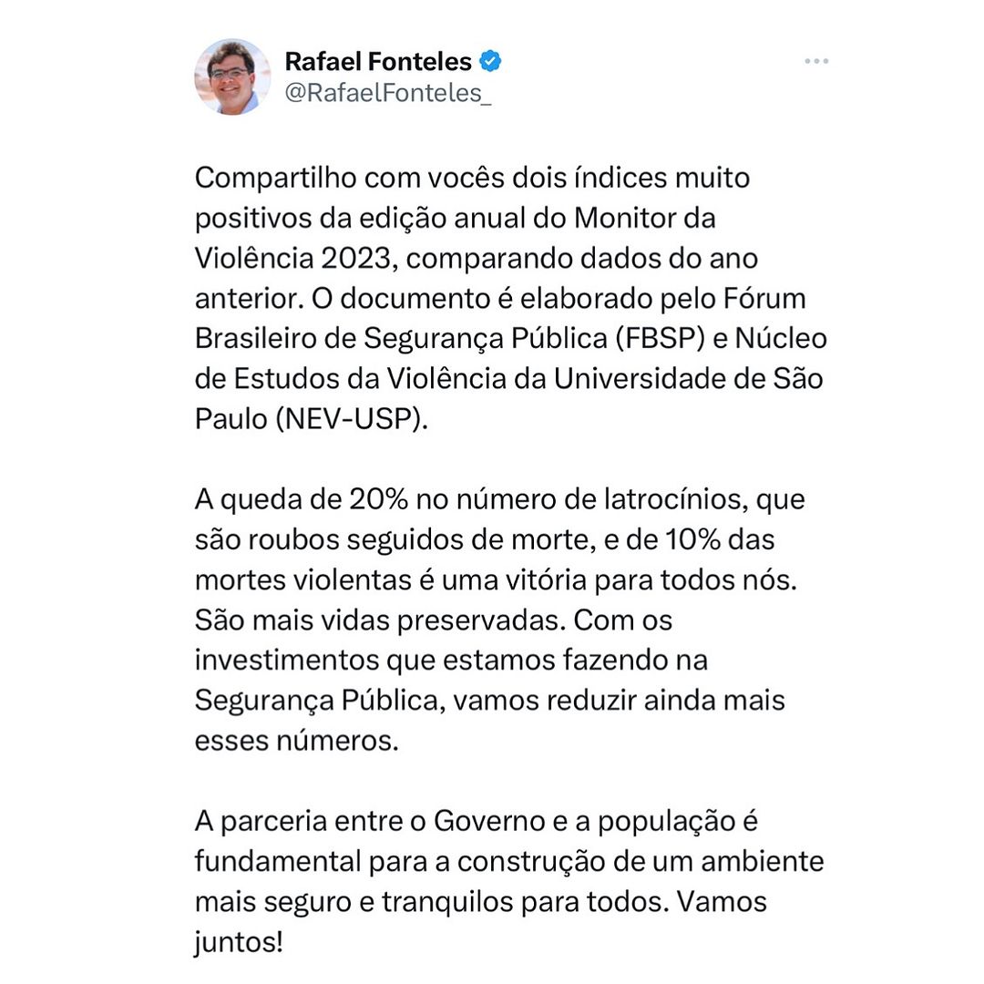 Postagem do governador Rafael Fonteles