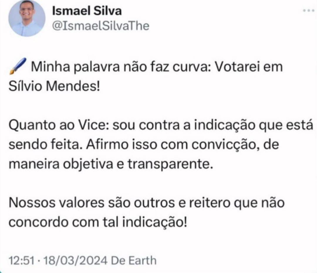 Postagem do vereador Ismael Silva (PSD)