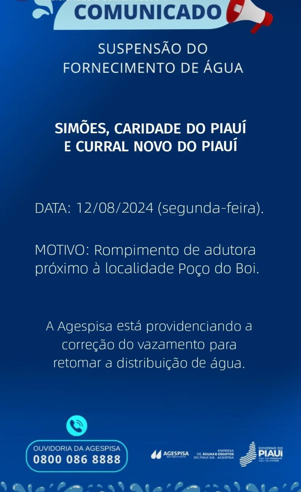 Adutora rompe e deixa Simões, Caridade e Curral Novo do Piauí sem água