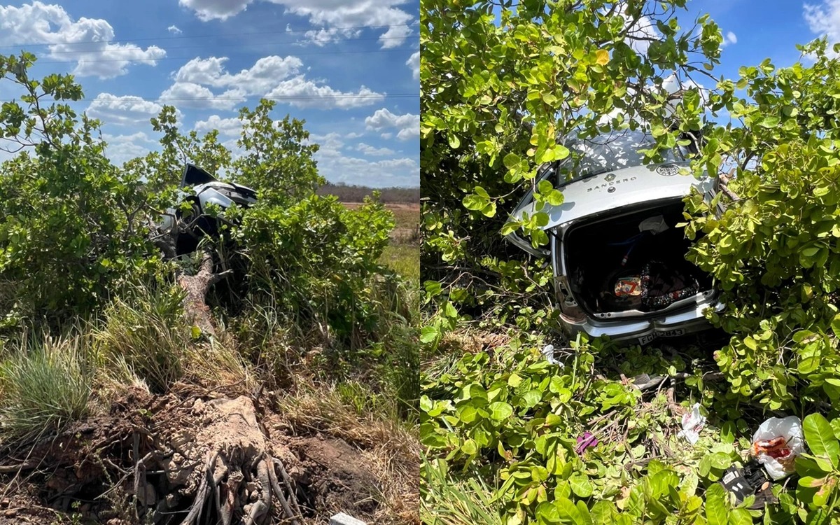 Acidente deixa quatro pessoas feridas e carro preso em cima de árvore na cidade de Piracuruca