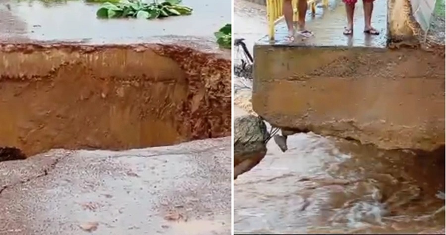 Parte de ponte na cidade de São Luís do Piauí cedeu após fortes chuvas